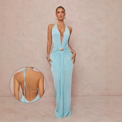 Deep V-neck Halter Dress With Open Back For Beach Vacations