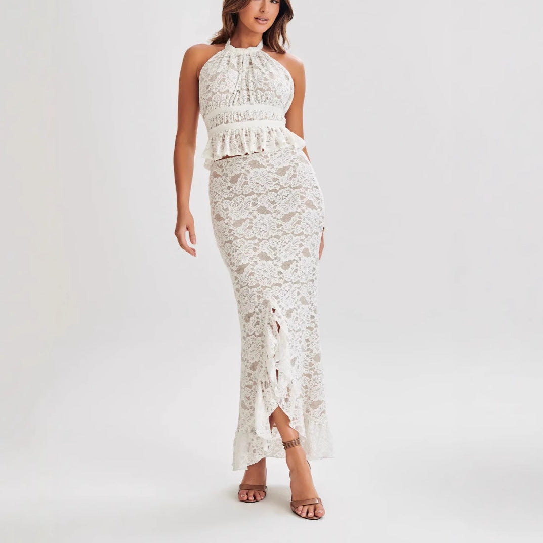 Women's New Sexy Backless Irregular Top With Lace And European-American Skirt Set