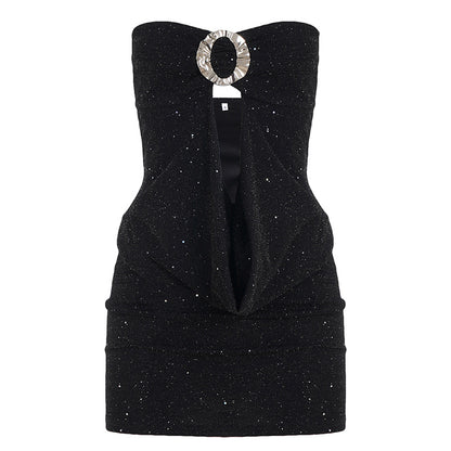 Sexy Sequined Tube Top Hollow-out Pleated Elegant Dress