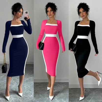 Women's Patchwork Color-block Sexy Long-sleeve Bodycon Dress
