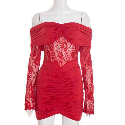 Women's Off-the-Shoulder Lace Patchwork Sheath Mini Dress