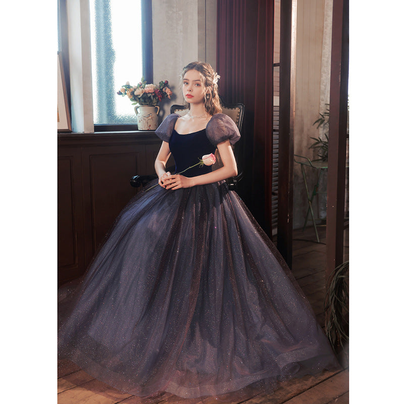 Blue Bubble Sleeve Dress Banquet Evening Dress Toast Dress
