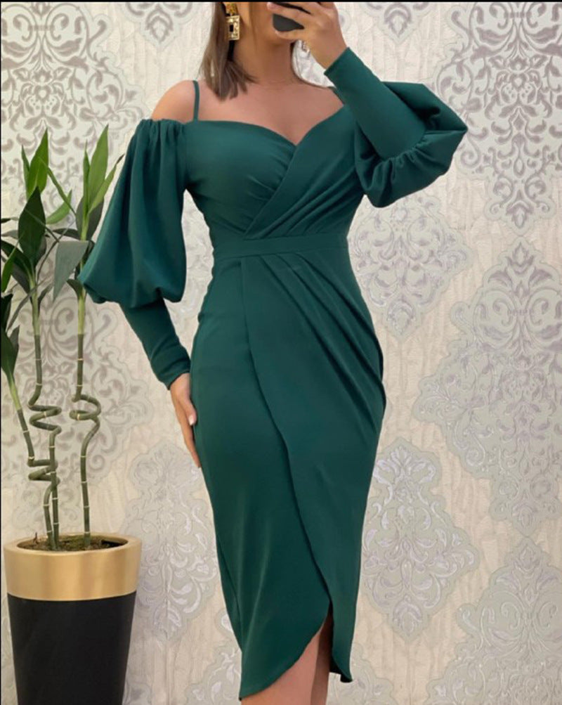 Women's Strapless Halter Neck Lantern-sleeve Waist Cinching Pleated Dress