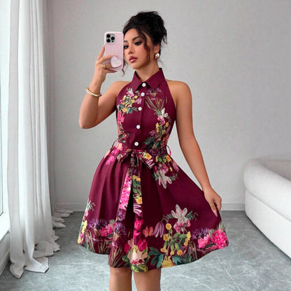 Women's Casual Printed Waist-Cinching Halter-Neck Lace-Up Dress