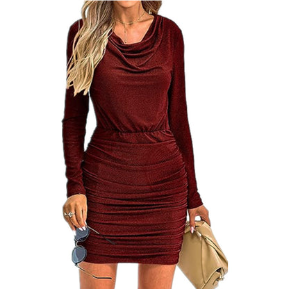 Women's Solid Color Mini Sparkly High-neck Long-sleeve Ruffled Dress