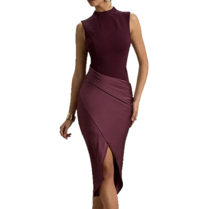 Women's Sleeveless Slit Red Elegant Satin Maxi Dress