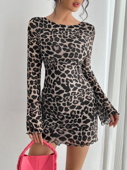 Women's Sexy Leopard-Print Backless Flare-Sleeve Mesh Dress