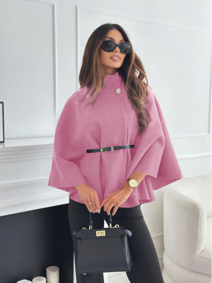 New Stand Collar Batwing Sleeves Cloak Top With Belt Ins Fashion Temperament Jacket Woolen Sweater Outwear For Women Clothing