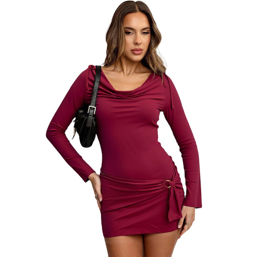 Sophisticated Mature-chic Design Wine-red Turtleneck Long-sleeve Figure-hugging Sheath Dress For Fall And Winter