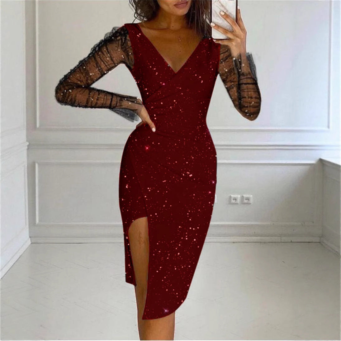 Hot-stone-embellished V-neck Sheath Mesh Dress For Women