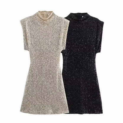 Sequins Decorated Sleeveless Shoulder Pad Sequin Dress