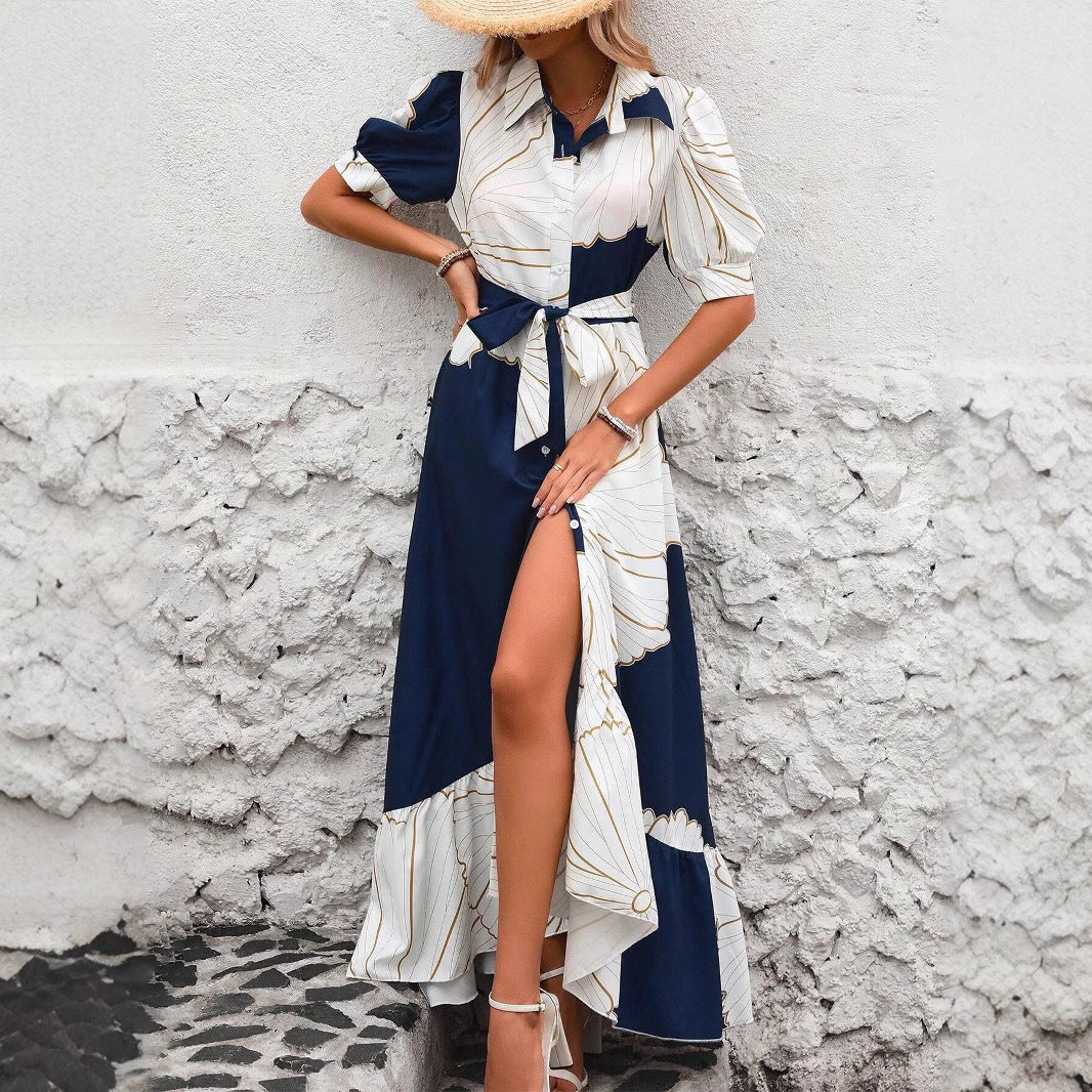 Women's Casual Printed Dress With A Turn-down Collar And Cinched Waist