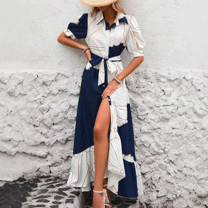 Women's Casual Printed Dress With A Turn-down Collar And Cinched Waist