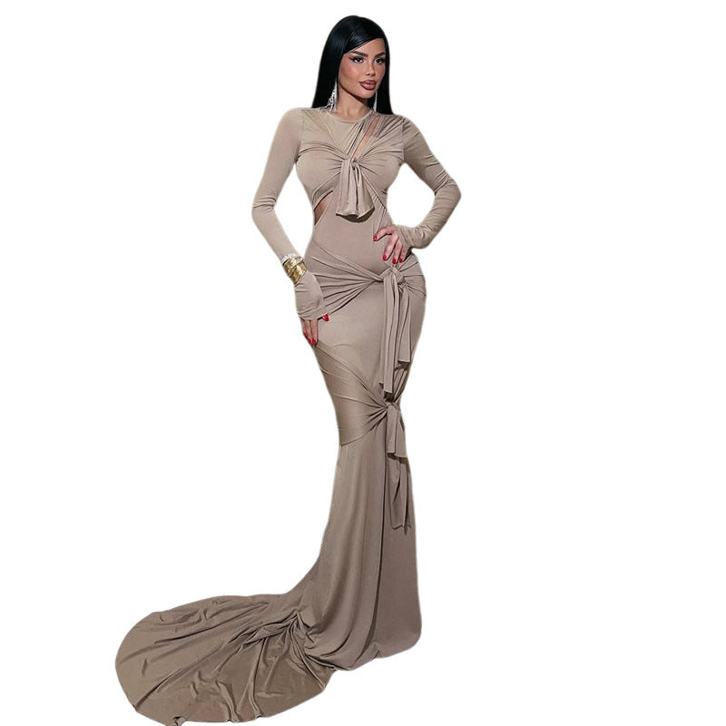 Sexy Figure-hugging Sheer Long-sleeve Solid-color Elegant Gown Dress