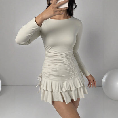 Women's Solid-Color Long-Sleeve Drawstring Fashion Short Dress