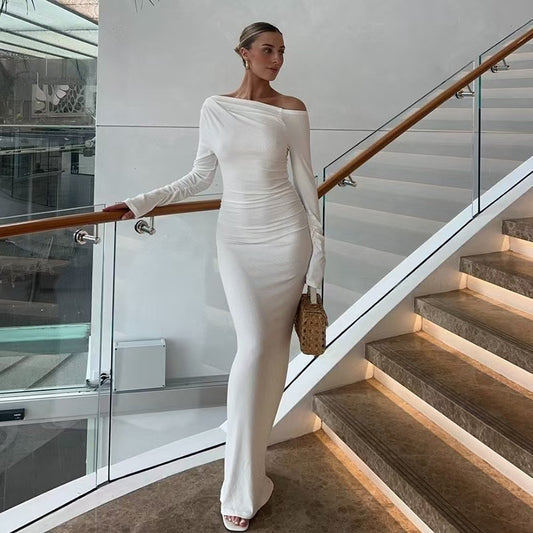 Women's OffshoulderLong-sleeve Figurehugging Pleated Maxi Dress