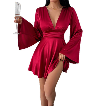 Women's Solid-Color V-Neck High-End Long-Sleeve Dress