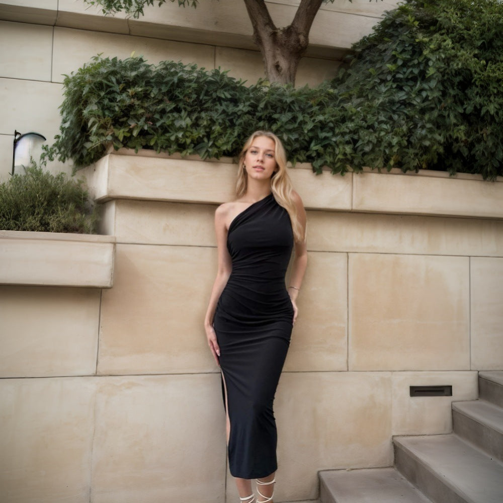 High-end Lady-style Dress For Spring And Summer, New Slanted Collar Banquet Elegant Long Dress