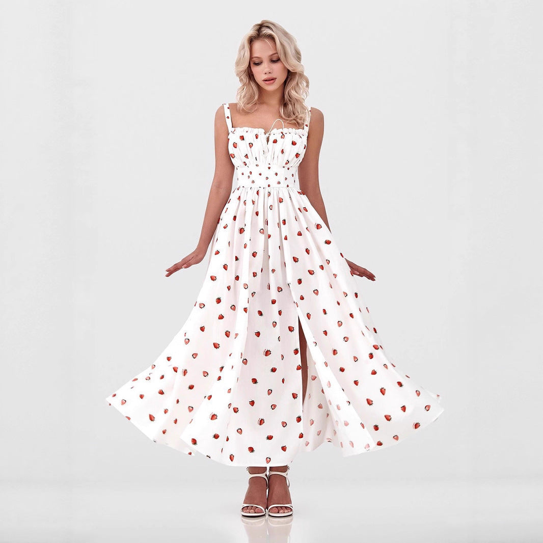 Low-collar Tie-waist High-waist Slit High-waist Printed Dress