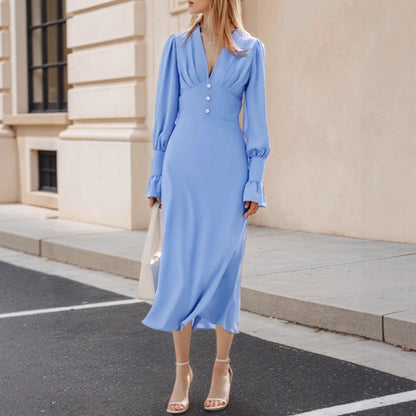 Elegant A-line Dress With A Commuter-friendly Vibe Pleated Design Deep V-neck Button Detailing Cinched Waist And Chic Lantern Sleeves