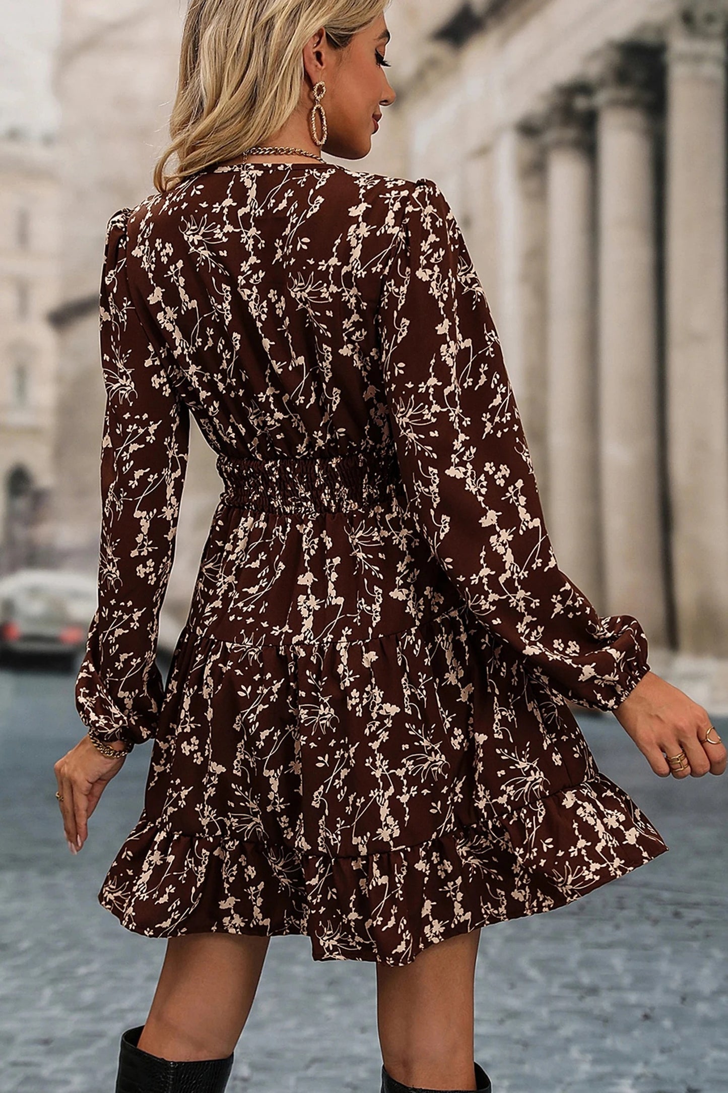 Women's Vintage French-style Brown Floral Long-sleeve Dress