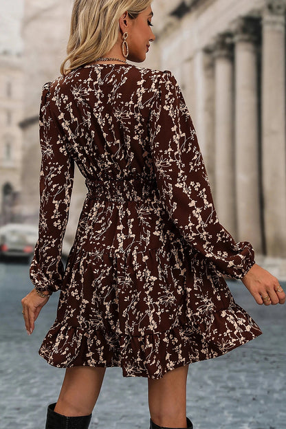 Women's Vintage French-style Brown Floral Long-sleeve Dress
