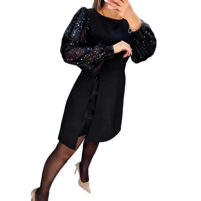 Women's Elegant Patchwork Sequin Puff Sleeve Short Dress