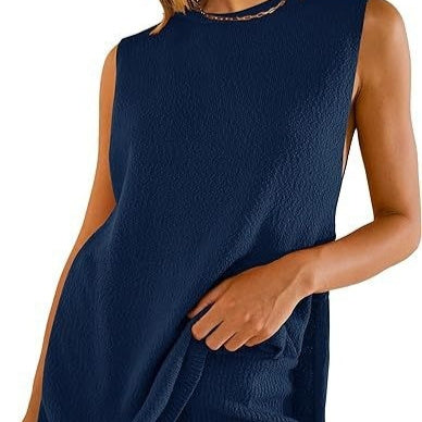 2pcs Women's  Knitting Suit Summer Loose Round Neck Split Vest Top And Shorts Beach Clothing