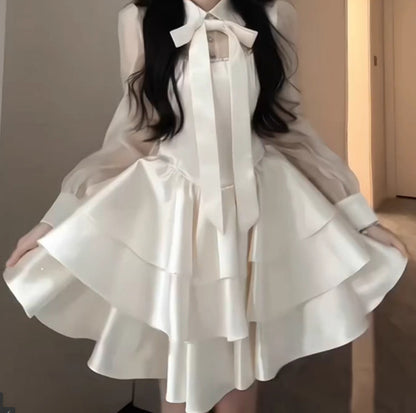 Plus Size French Style Bow Knot Mesh Patchwork Dress