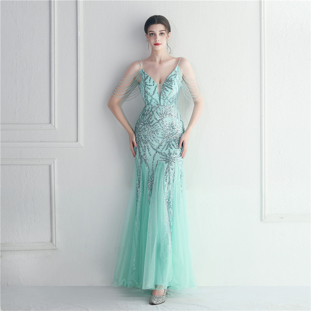 Mesh Beaded Dinner Long Camisole Evening Gown