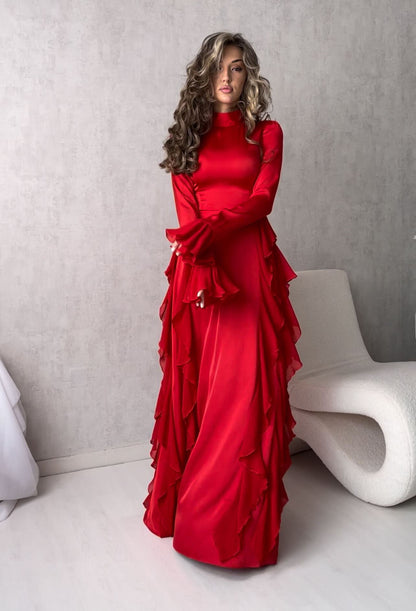 Round Neck Trumpet Sleeve High Waist Slim Dress