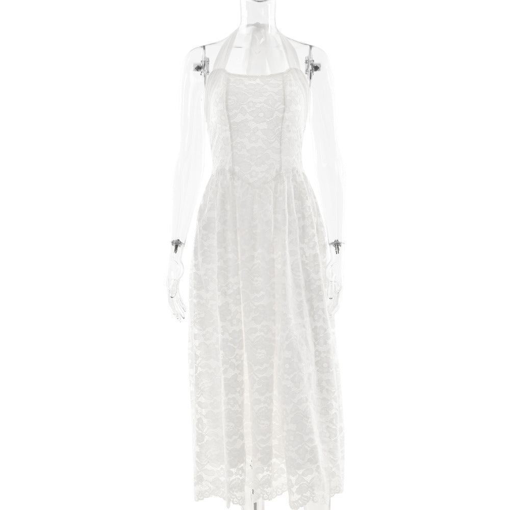 Lace Solid Color Halter Backless Bustier Waist-cinching Dress