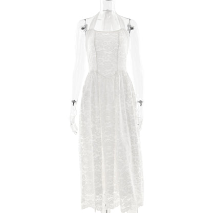 Lace Solid Color Halter Backless Bustier Waist-cinching Dress
