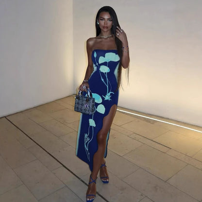 Women's Fashionable Printed Bodycon Slit Slip Dress