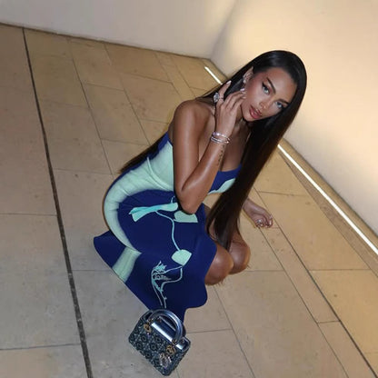 Women's Fashionable Printed Bodycon Slit Slip Dress