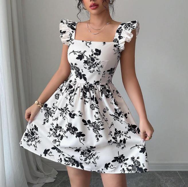 Leopard Print Tie-back Backless Ruffle Hem Dress