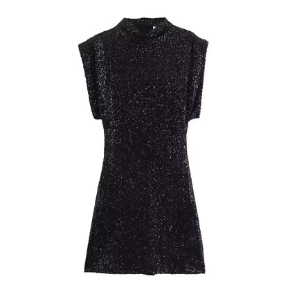 Sequins Decorated Sleeveless Shoulder Pad Sequin Dress