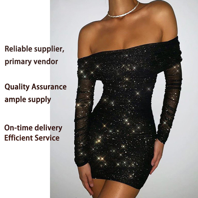 One-shoulder Pleated Mermaid Evening Dress Short Skirt Long Sleeve Dress