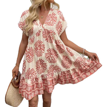 Women's Loose Casual V-Neck Digital-Print Short-Sleeve Dress