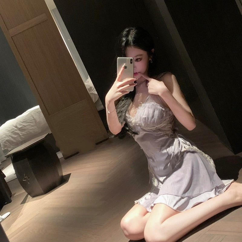 Lace French-style Pure Desire Sexy Deep V-neck Dress With Built-in Bra