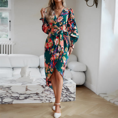 Printed Dress 2025 Autumn Winter Elegant V-neck Dress