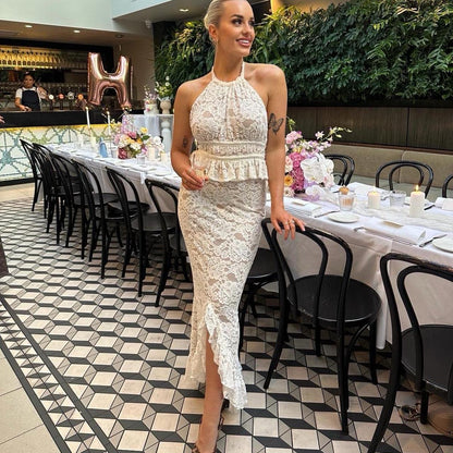 Women's New Sexy Backless Irregular Top With Lace And European-American Skirt Set