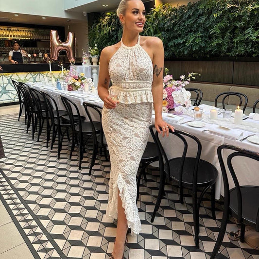 Women's New Sexy Backless Irregular Top With Lace And European-American Skirt Set