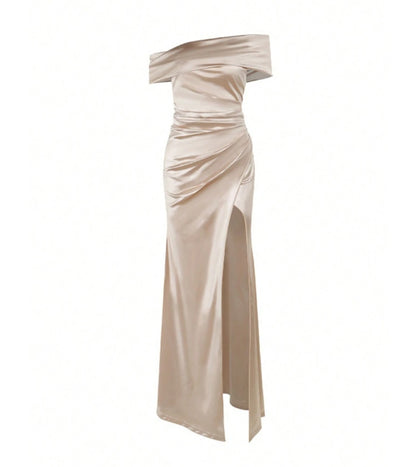 Elegant Off Shoulder Satin Slit Dress, Extra Long Formal Gown, Christmas Party Dress