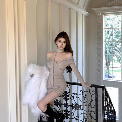 Pure Desire Sexy Lace-up Design Cross V-neck Long Sleeve Dress Women