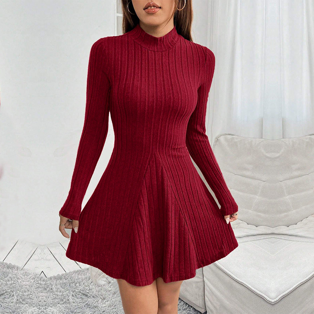 Autumn And Winter New European And American Women's Slim-fit Semi-high Neck Waist-cinching A-line Dress Long Sleeve Ribbed Dress