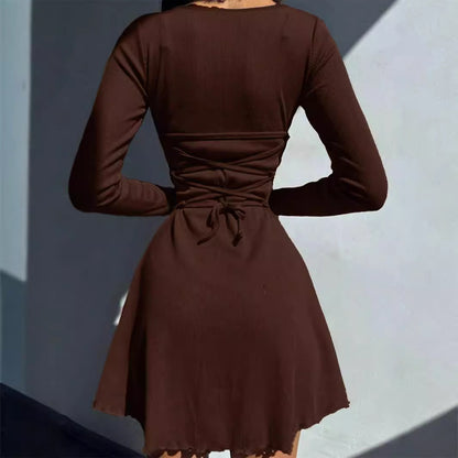 European And American-style Women's Solid-color Back-tie Waist-hugging Dress High-waisted A-line Skirt