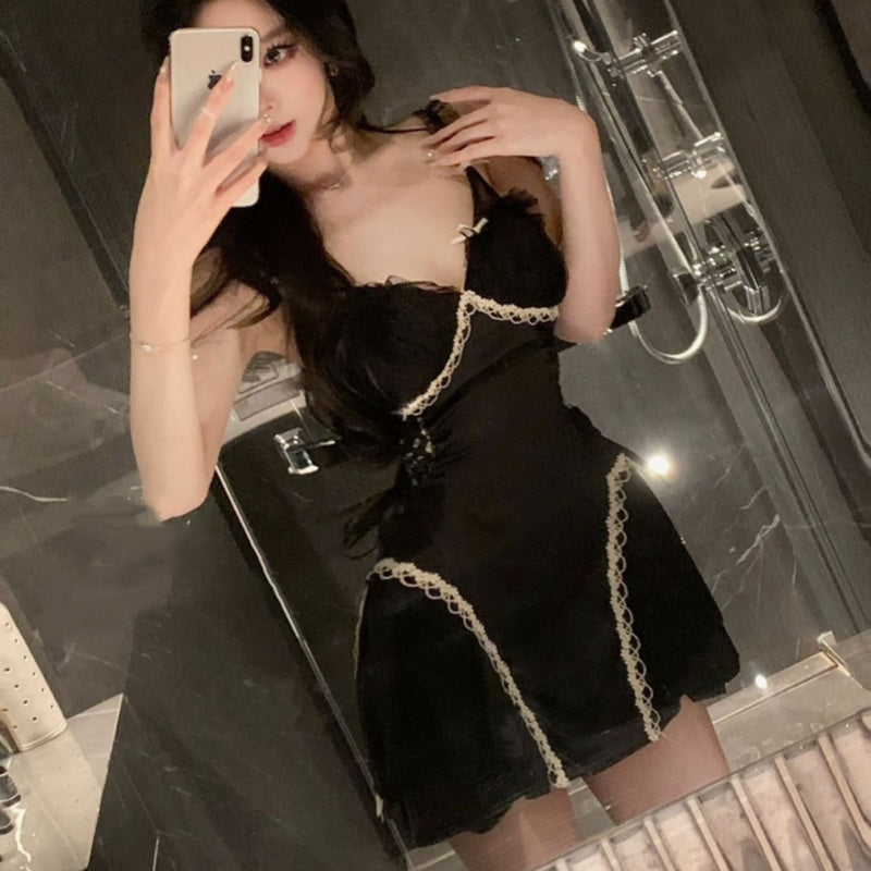 Lace French-style Pure Desire Sexy Deep V-neck Dress With Built-in Bra