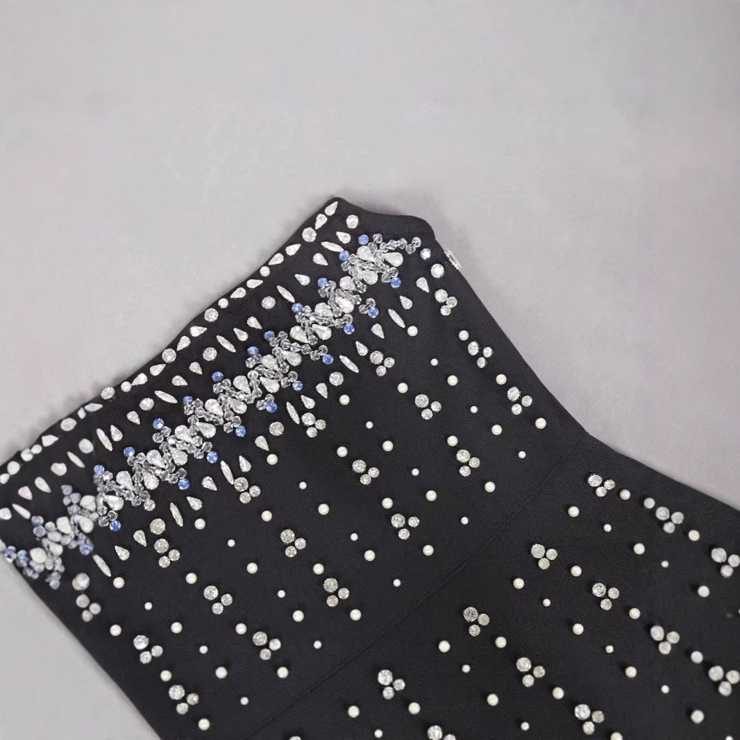 European And American Rhinestone Embellished Strapless Waist-cinching Bandage Dress For Fashionable Evening Banquets