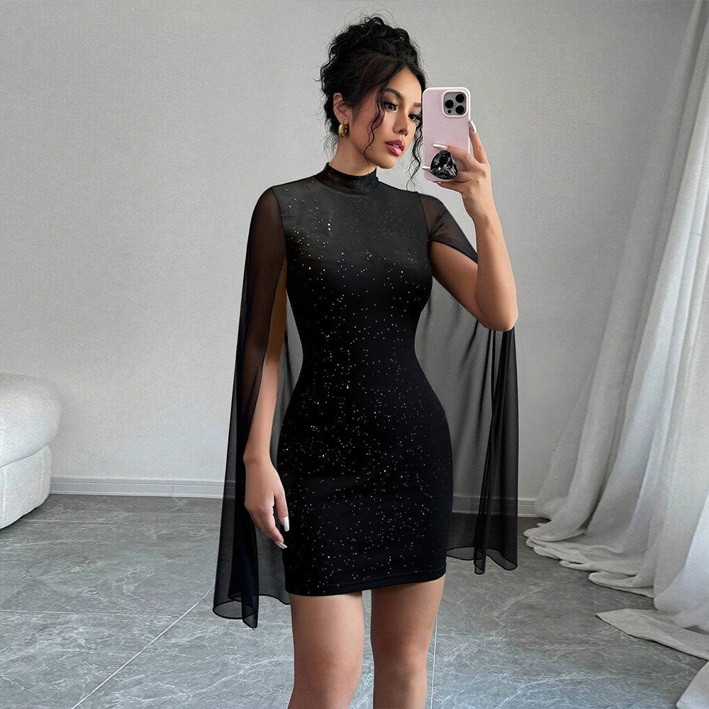 Stylish High-neck Dress Black Featuring Sparkling Rhinestones And Sequins Figure-hugging Fit Short Sleeves Mesh Patchwork